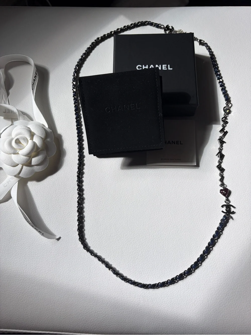 CHANEL Navy Chain Necklace/Belt with Interwoven Leather and SilverCharm Accents